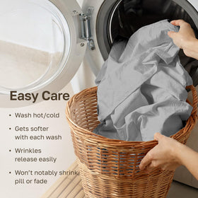 California Design Den care close-up; machine wash warm and tumble dry low.