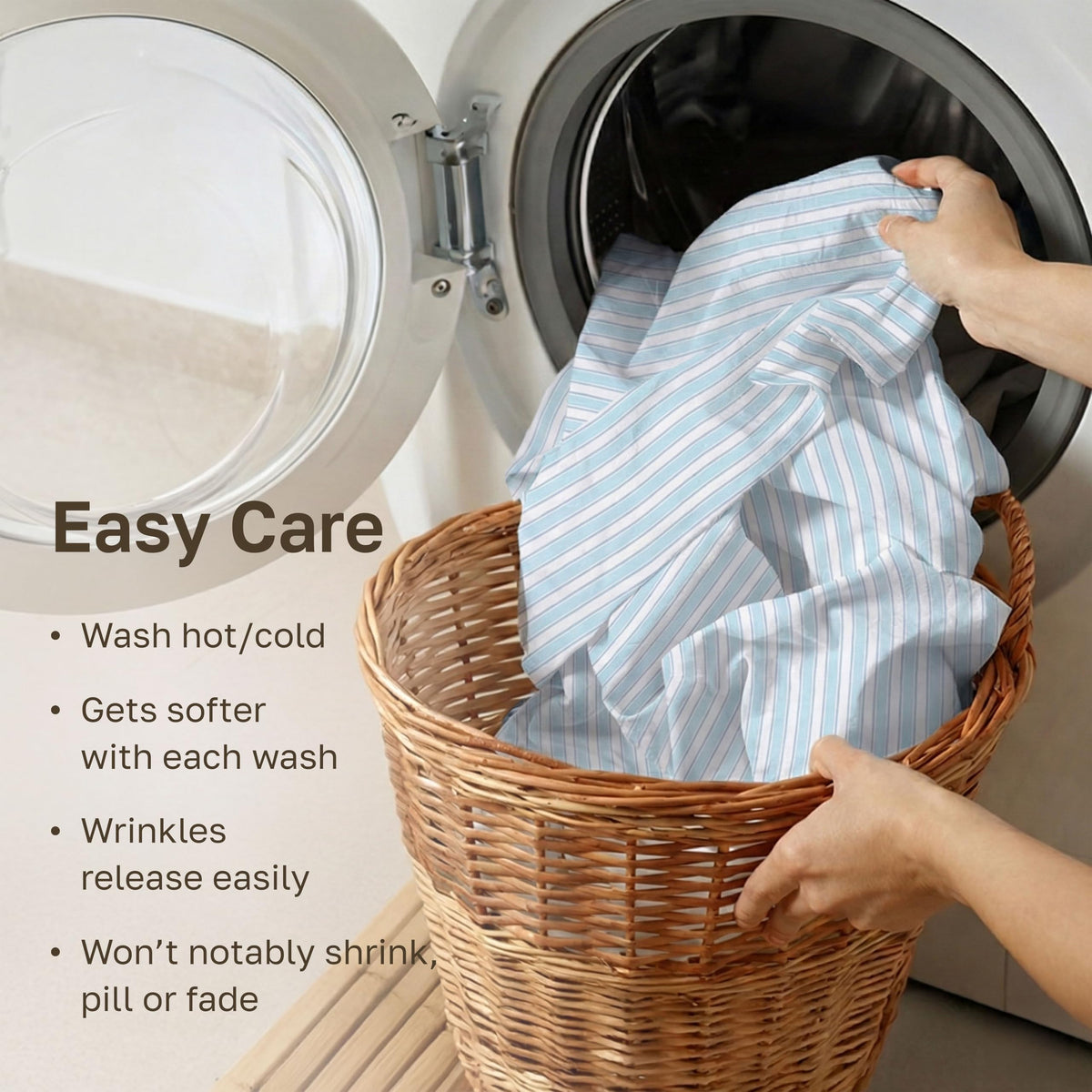 California Design Den care instructions promote easy washing and reduced wrinkles
