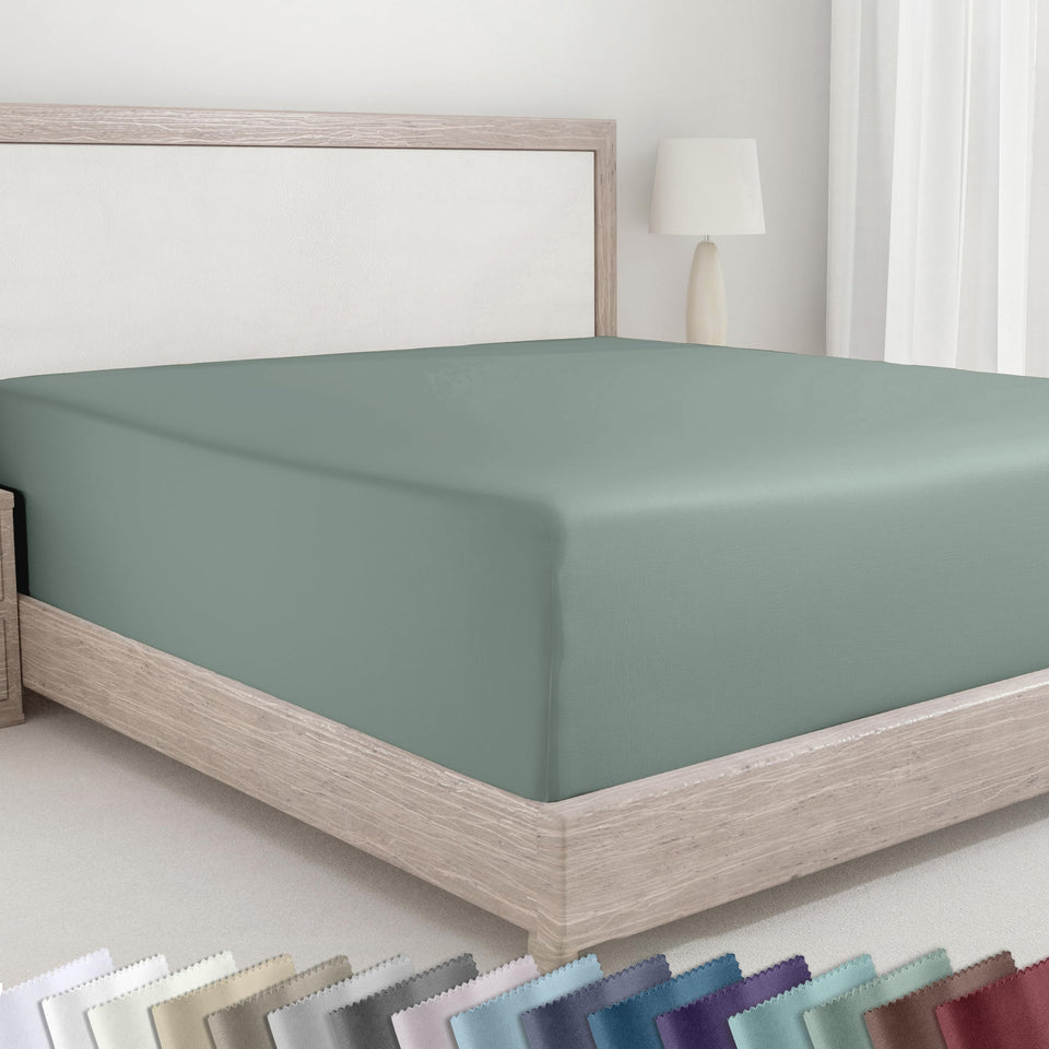 California Design Den deep-fitted queen sheets closeup texture shows silky sateen finish.