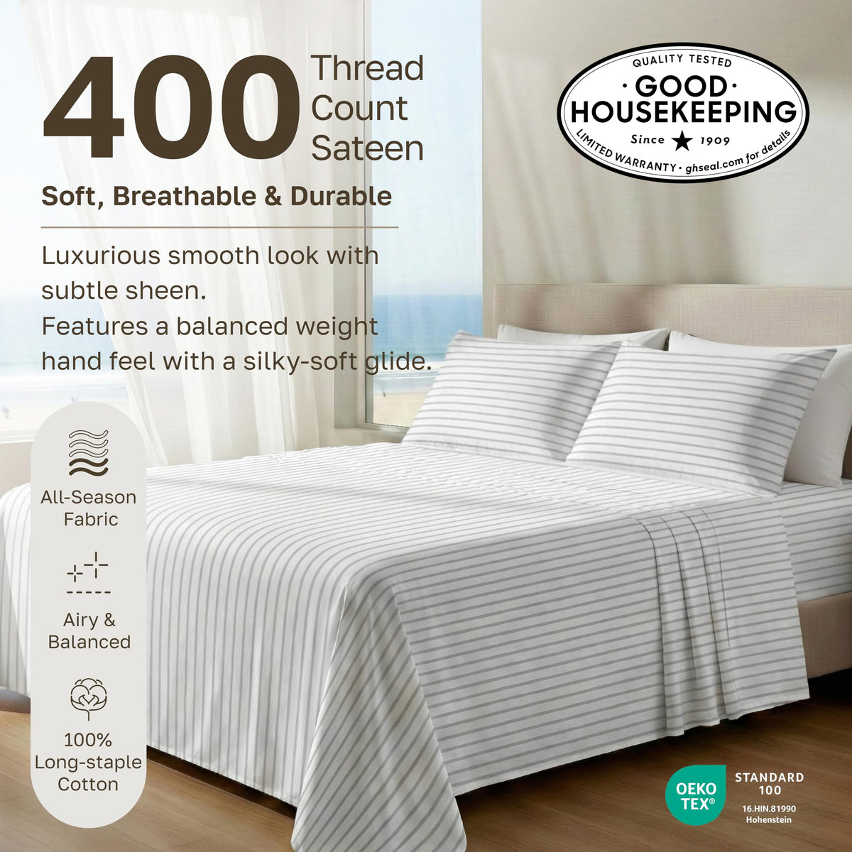 California Design Den deep-pocket fitted sheet (8-16 in) securing a tall mattress