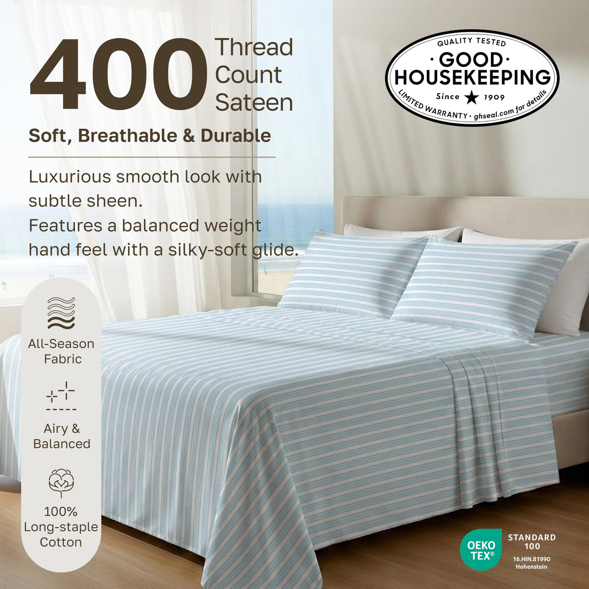 California Design Den deep-pocket fitted sheet keeps queen mattress securely covered