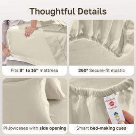California Design Den on bed demonstrating luxurious drape and warm cream tone.