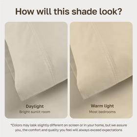 California Design Den cream sheet edge detail with secure all-around elastic.