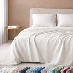 California Design Den ivory flat sheet close-up showing silky sateen finish and durable weave.