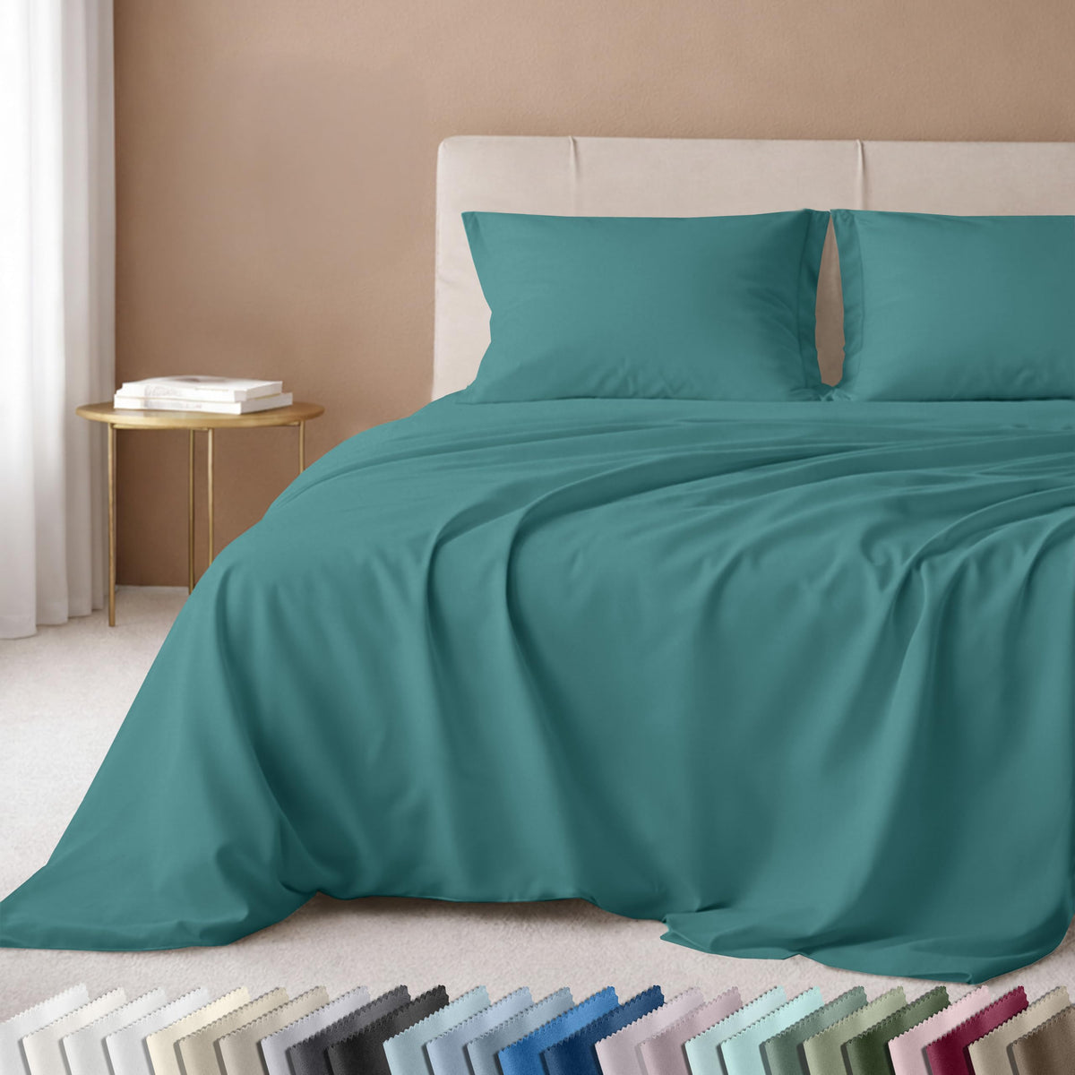 California Design Den deep-pocket queen sheet set Teal close-up of sateen texture for luxury feel