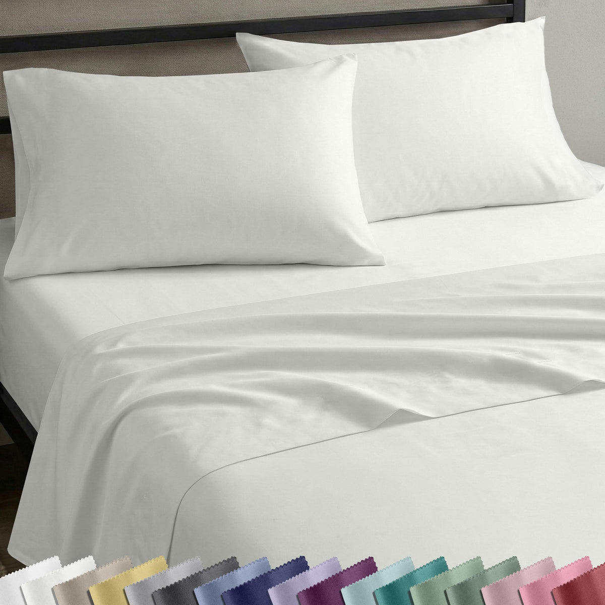 California Design Den deep-pocket queen sheets ivory close-up showing smooth sateen finish.