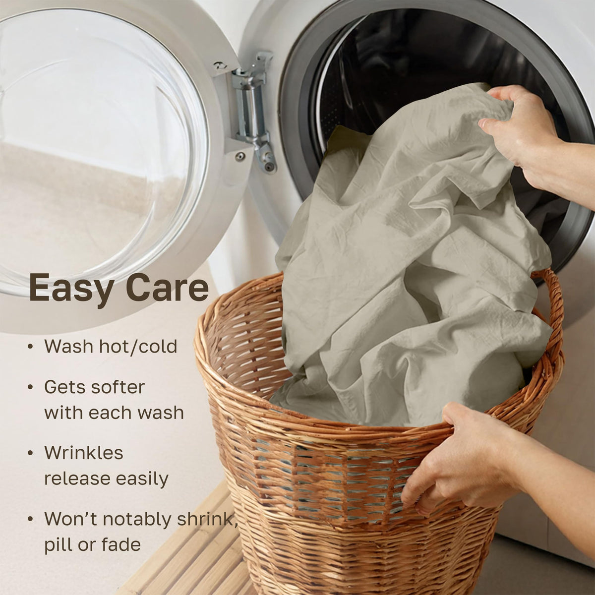 California Design Den care instructions showing machine wash warm and tumble dry low