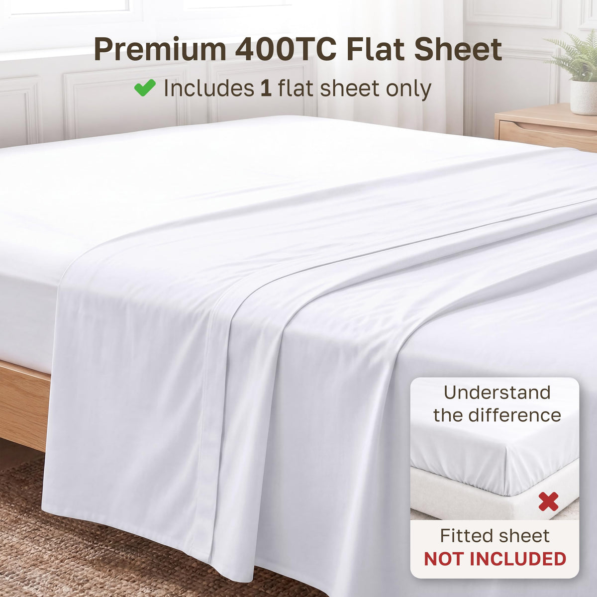 California Design Den flat sheet sateen white emphasizes soft, smooth feel for everyday comfort.