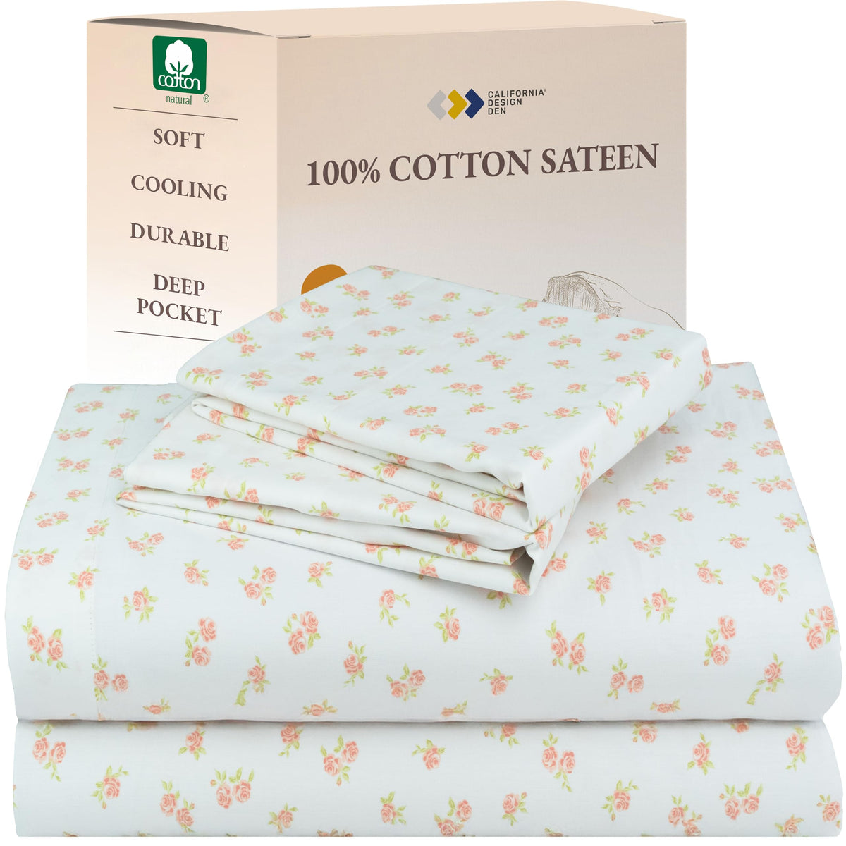 California Design Den floral pattern queen sheet set, front view showing the chic pattern.