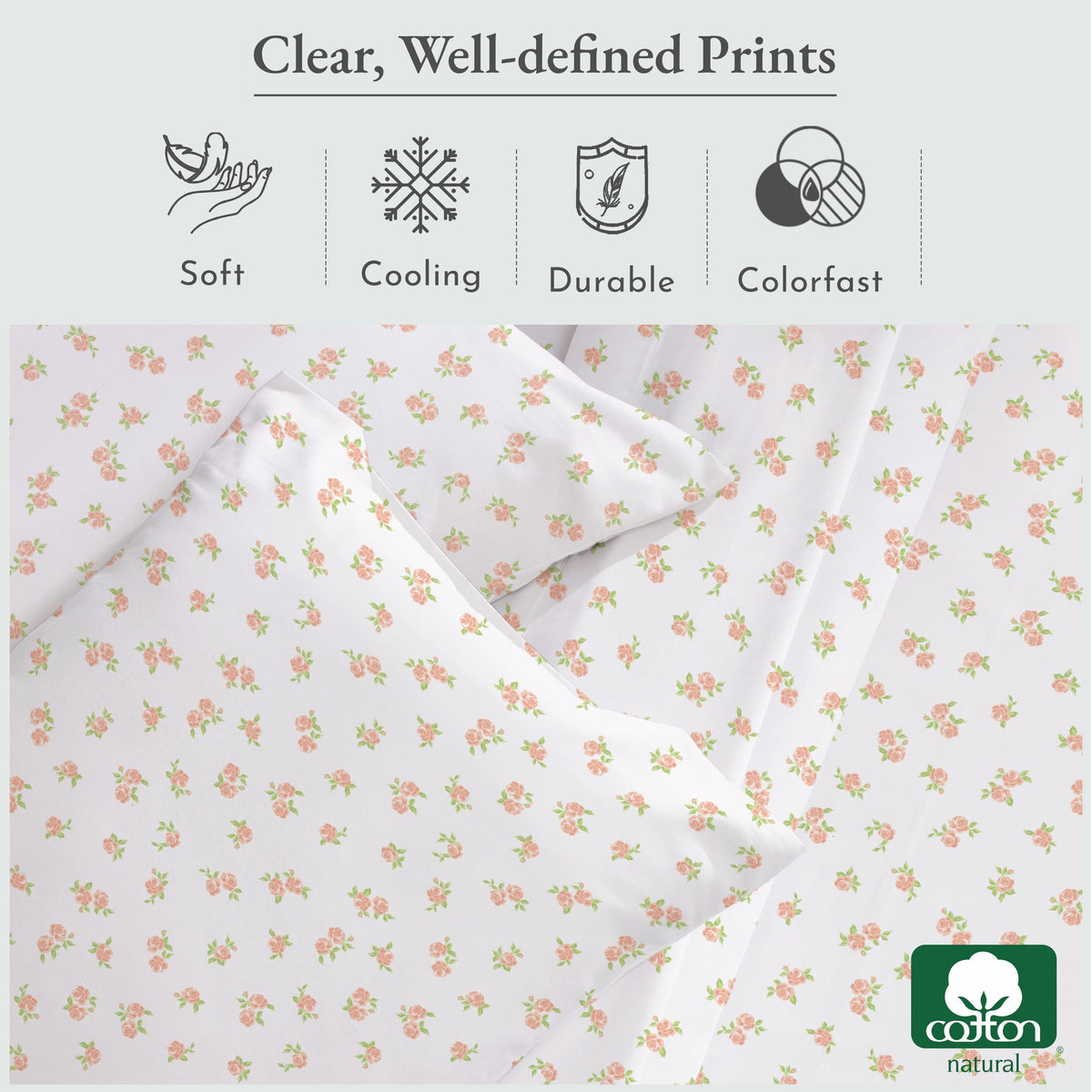Hem detail on California Design Den floral queen sheet set showing crisp finishing.