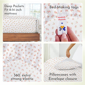 Eco-friendly packaging image for California Design Den floral sheet set.
