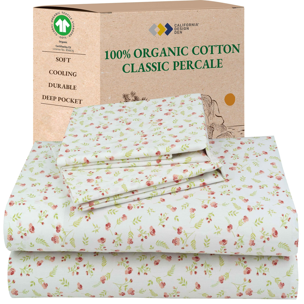 California Design Den floral-printed sheet set in organic cotton percale for breathable all-night comfort.
