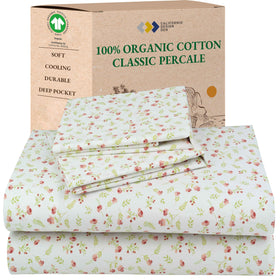 California Design Den floral-printed sheet set in organic cotton percale for breathable all-night comfort.