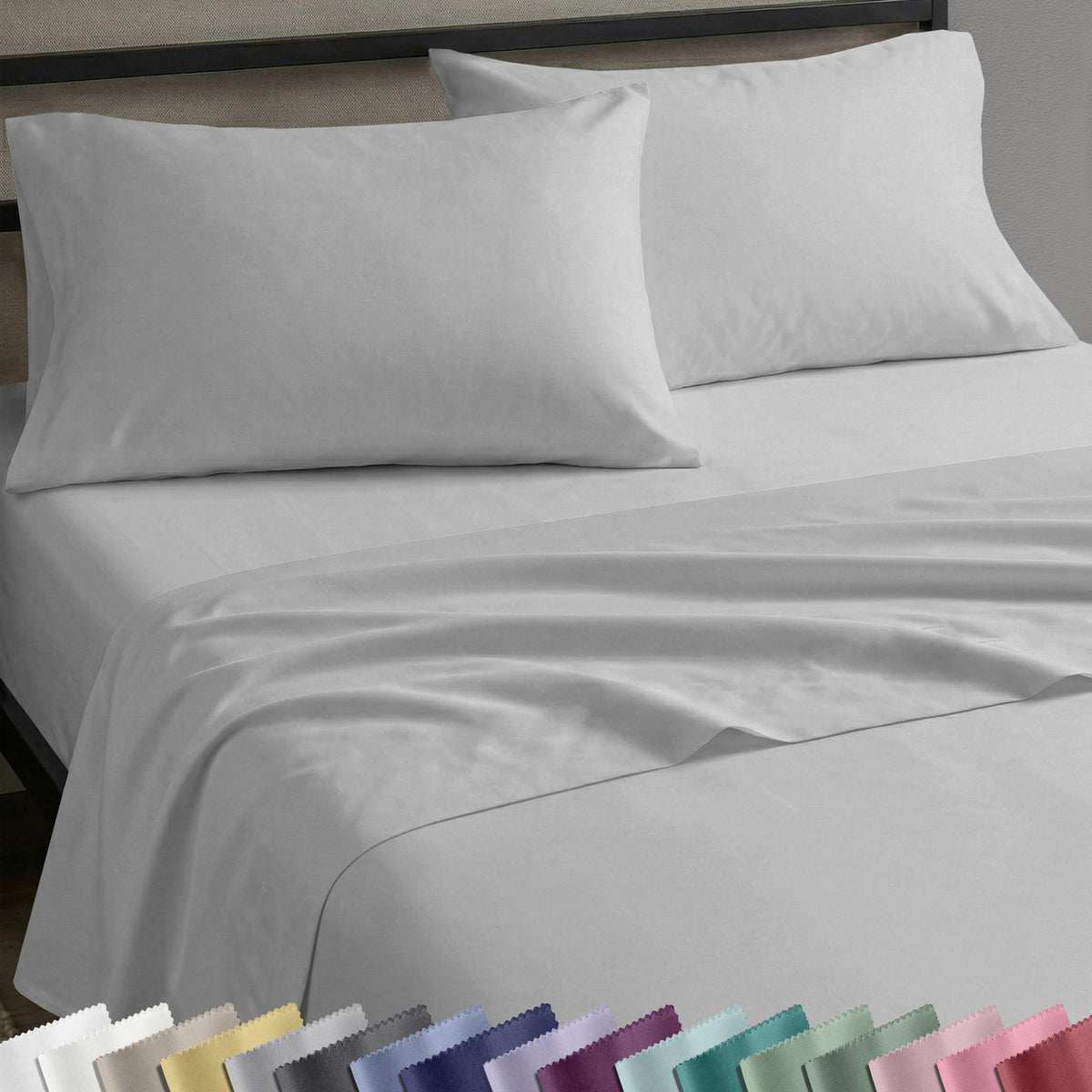 California Design Den full-size sheets light-grey close-up shows soft sateen finish for year-round comfort