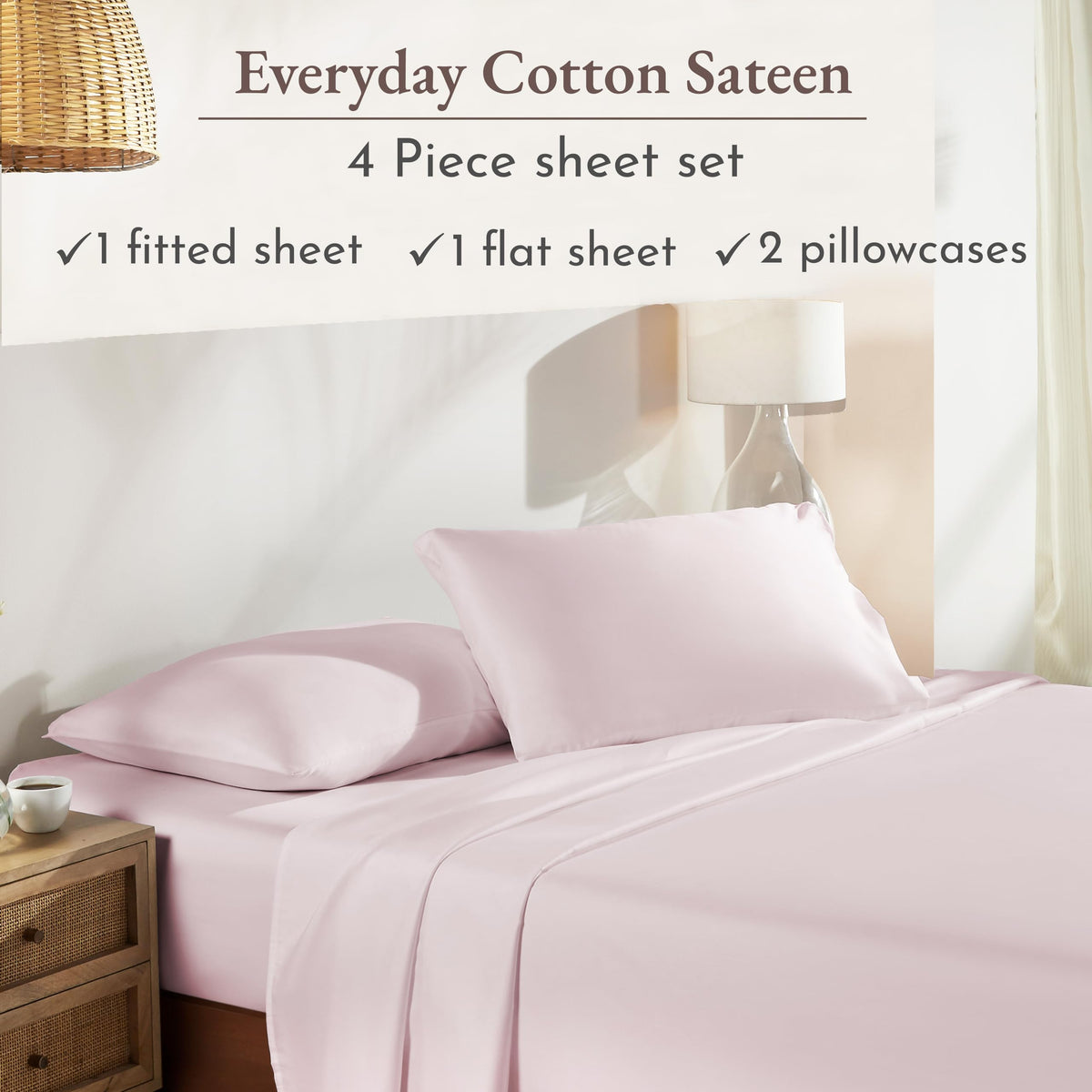 California Design Den pink envelope-closure pillowcase for easy, tidy nightstands.