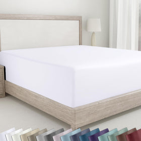 California Design Den king fitted sheet white satin texture close-up shows silky finish