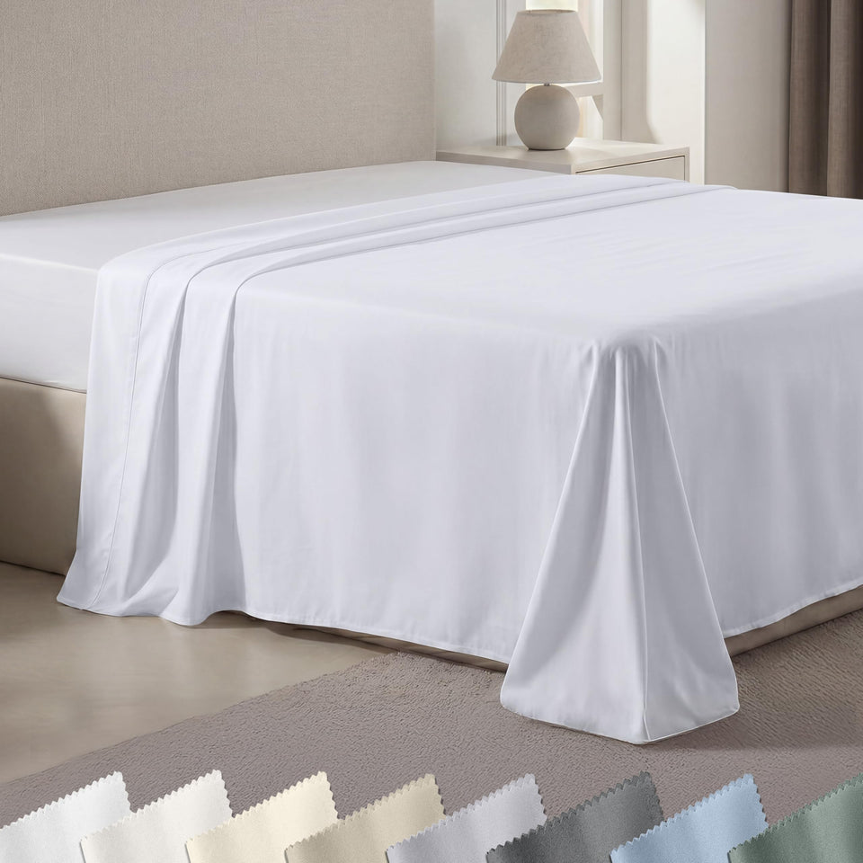 California Design Den king flat sheet closeup with 4-inch hem and polished edge.