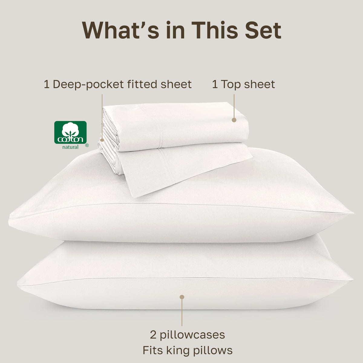 California Design Den king flat sheet features a refined hemstitch on true ivory.