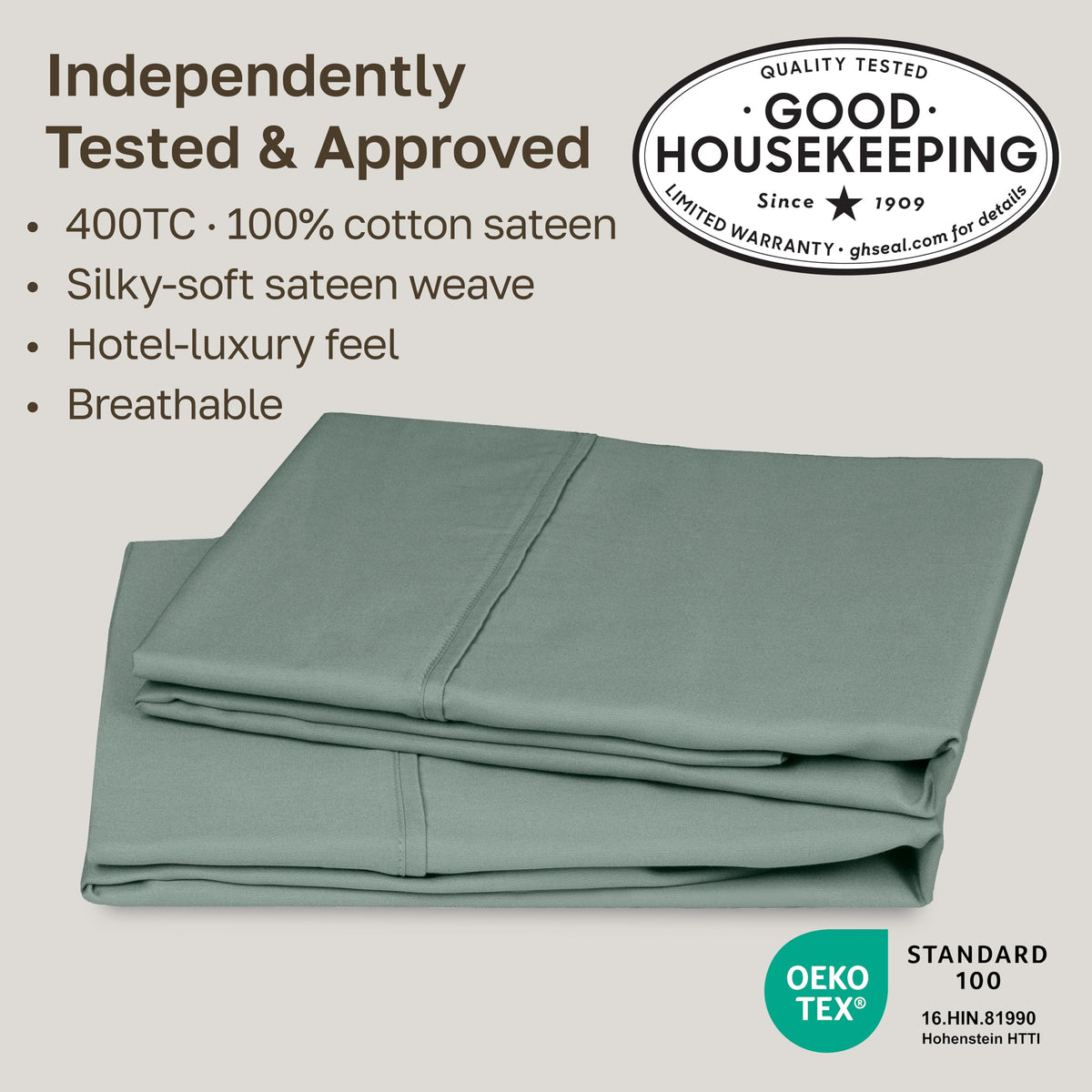 California Design Den king pillowcase sage green close-up texture highlights 400-thread-count softness for restful nights