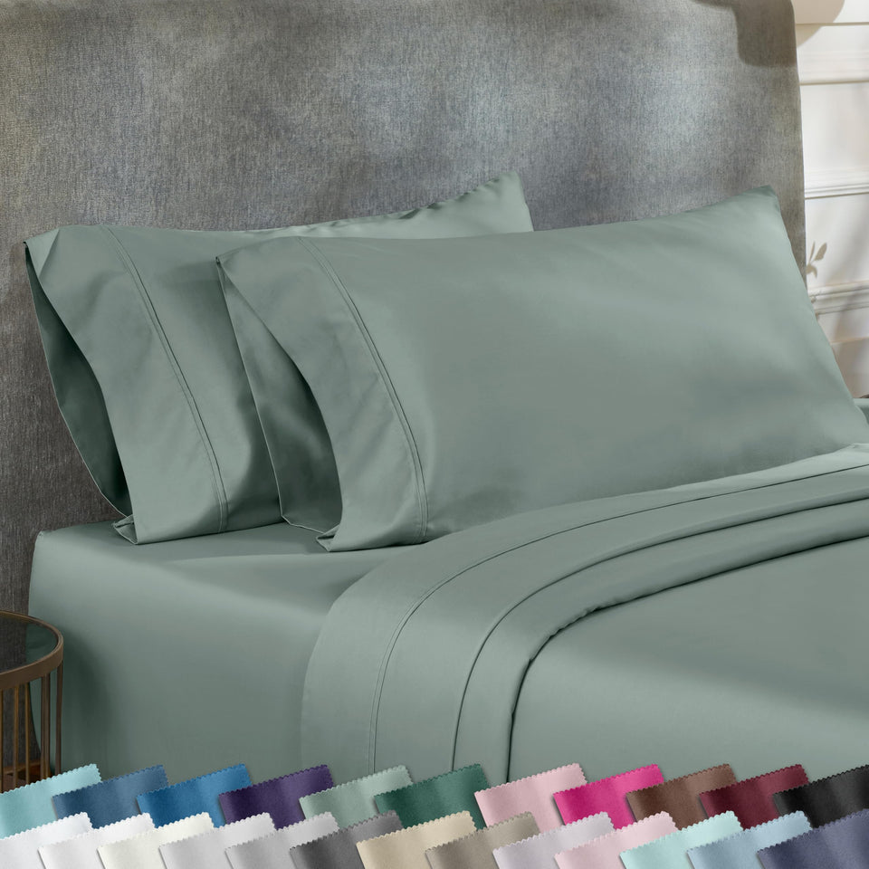 California Design Den king pillowcase sage green flat lay shows soft, breathable cotton sateen ideal for smooth skin