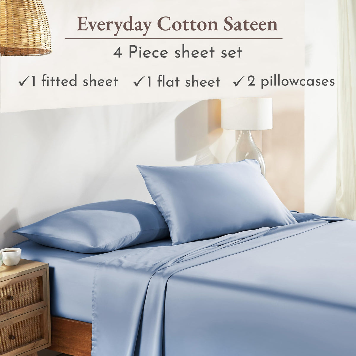 Flat top sheet in blue hydrangea for easy bed making and coordinated look.