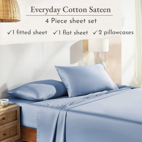 Flat top sheet in blue hydrangea for easy bed making and coordinated look.