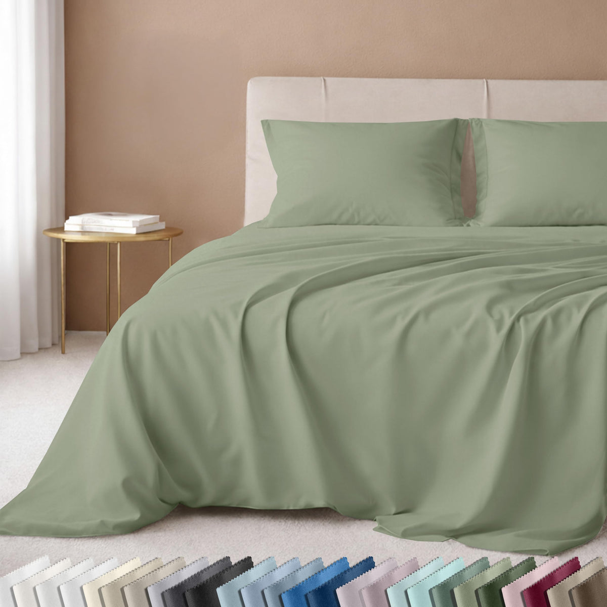 California Design Den Laurel Green flat sheet close-up showing silky sateen finish for year-round comfort