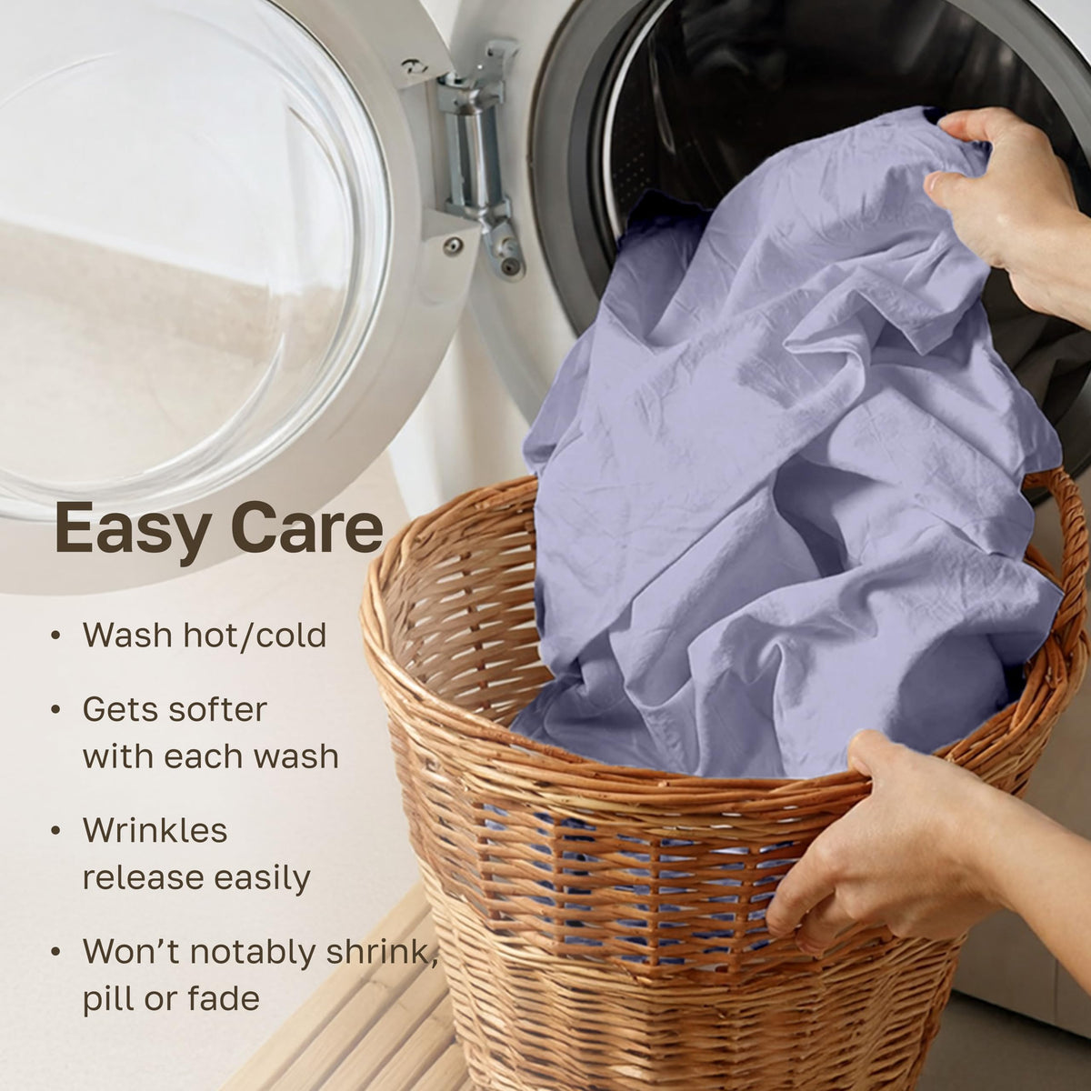 California Design Den Lavender Mist care label highlights easy machine washing and long-lasting quality.