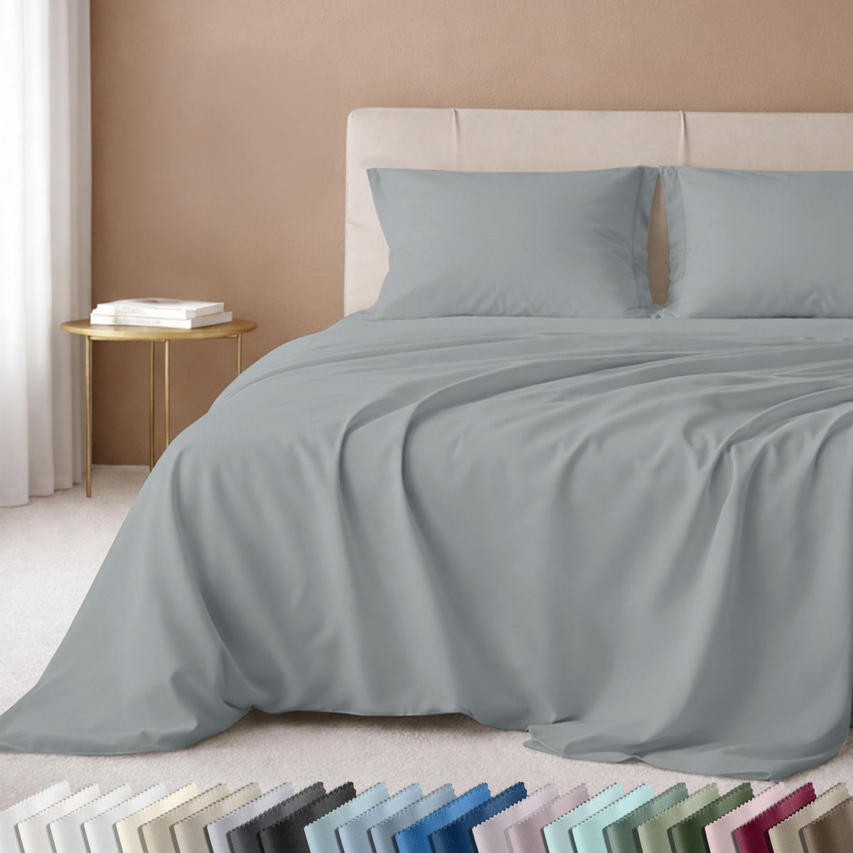 California Design Den queen flat sheet in light grey with a smooth, breathable sateen finish.