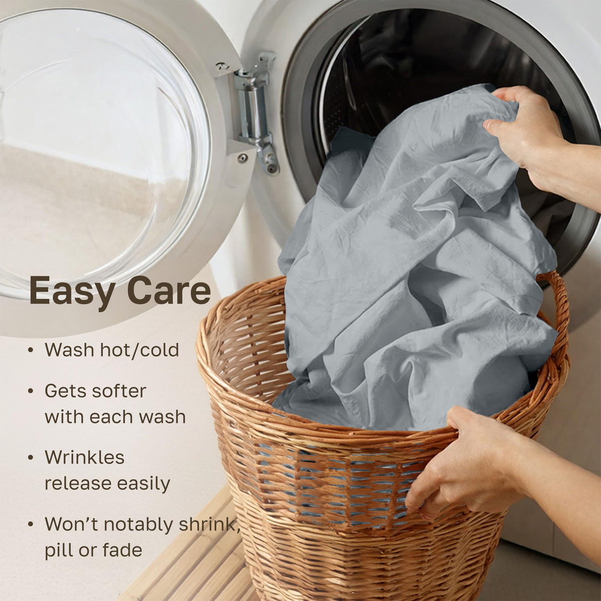 Care instructions promote durability with warm washing and low tumble drying.