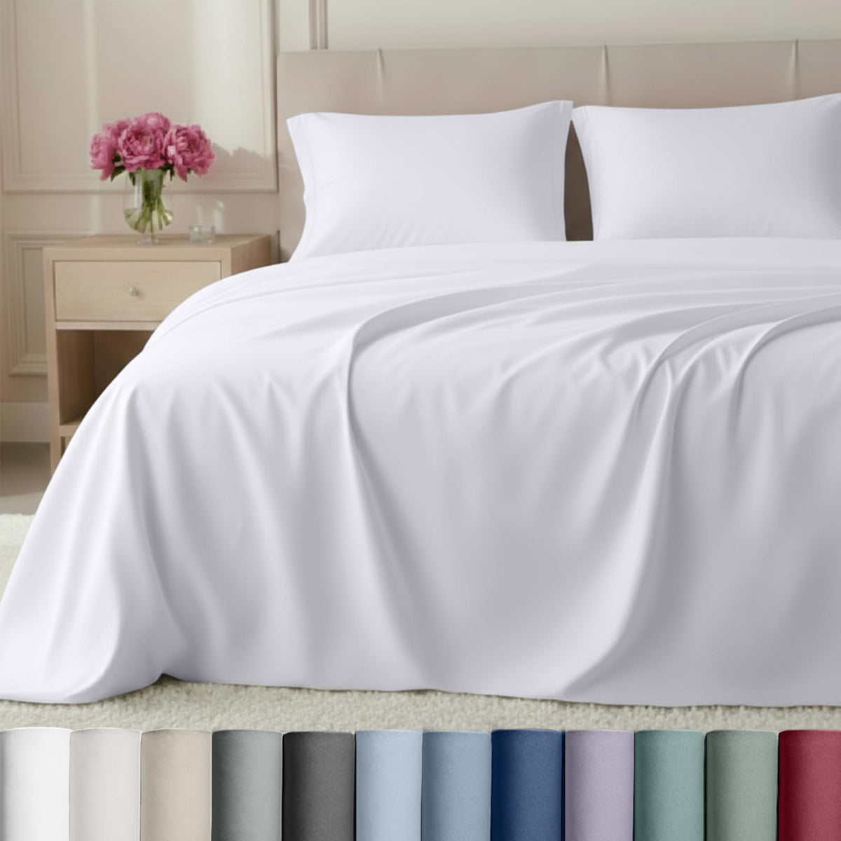 California Design Den luxury white king sheets set close-up of silky sateen weave