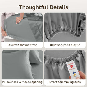 California Design Den mist grey bedding flat sheet in a bed-making demo