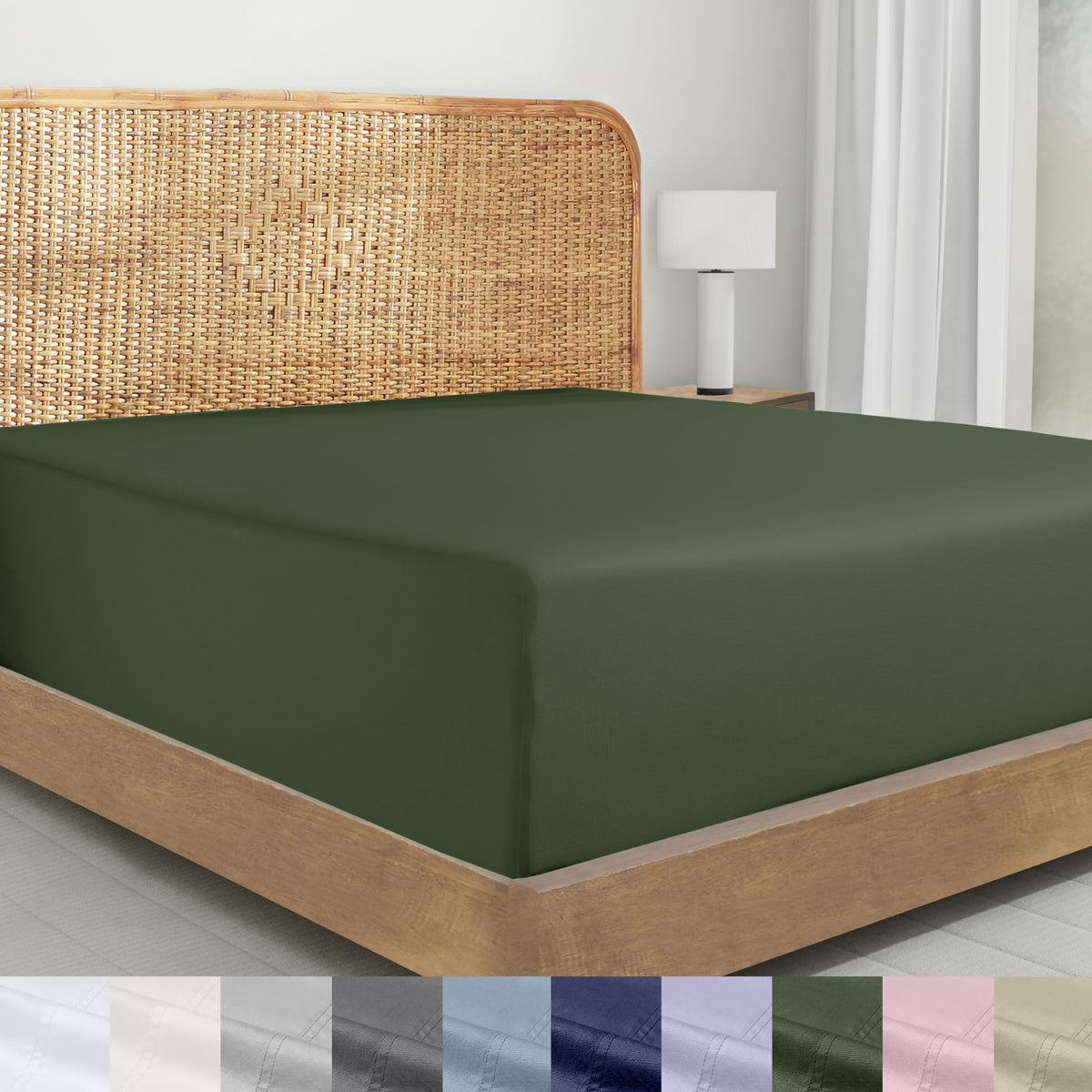 California Design Den olive green queen fitted sheet with deep pocket for secure fit.