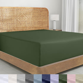 California Design Den olive green queen fitted sheet with deep pocket for secure fit.