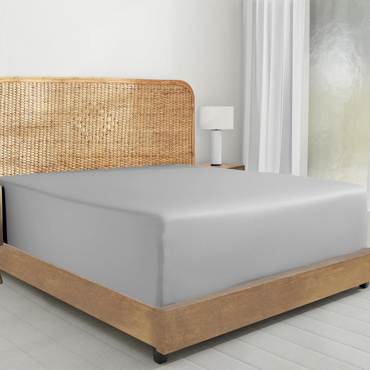 California Design Den organic cotton queen fitted sheet with crisp percale for breathable comfort.