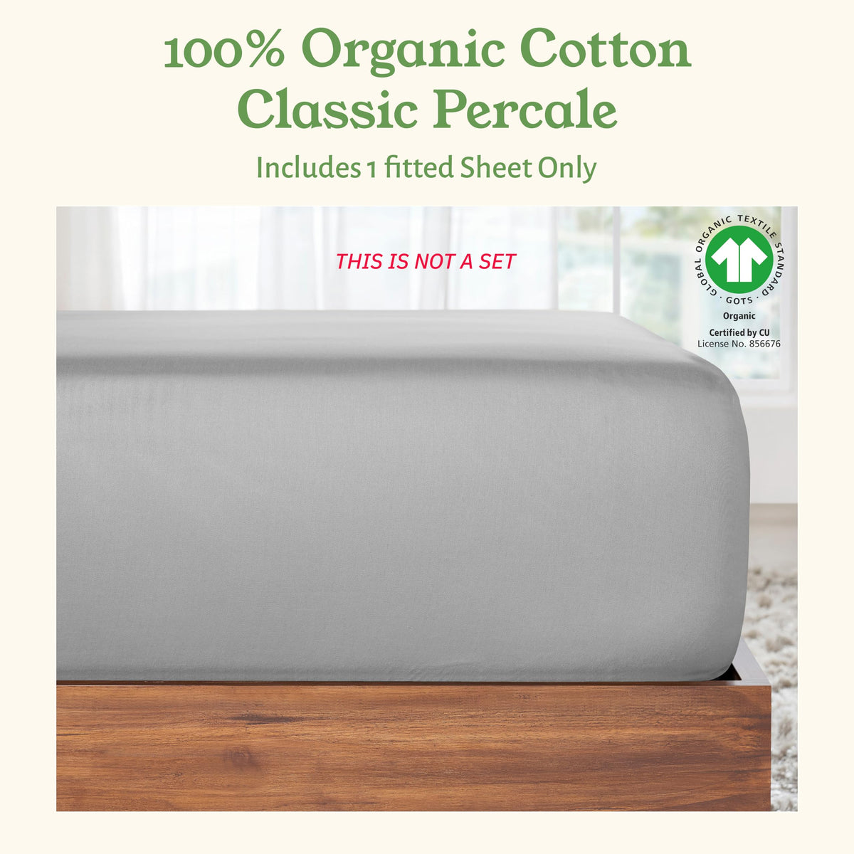 California Design Den light grey queen fitted sheet with crisp matte finish.