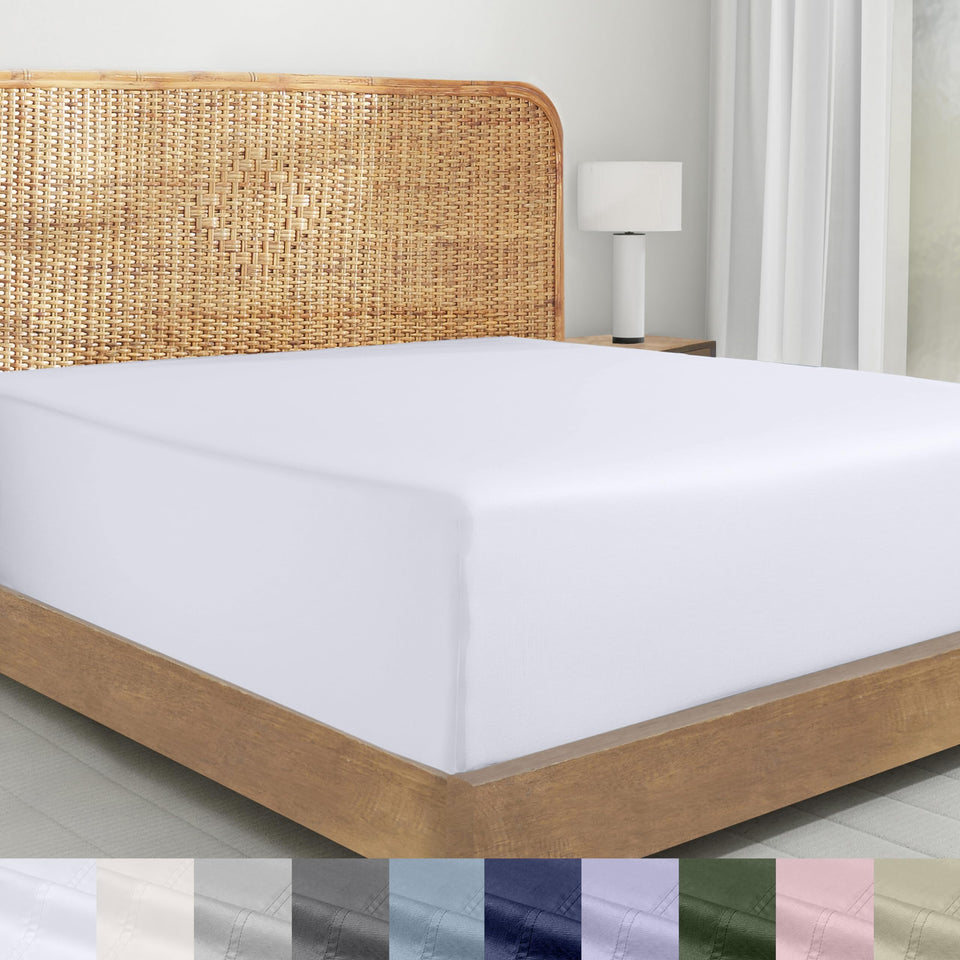 California Design Den organic cotton percale fitted sheet queen white deep pockets for secure fit.