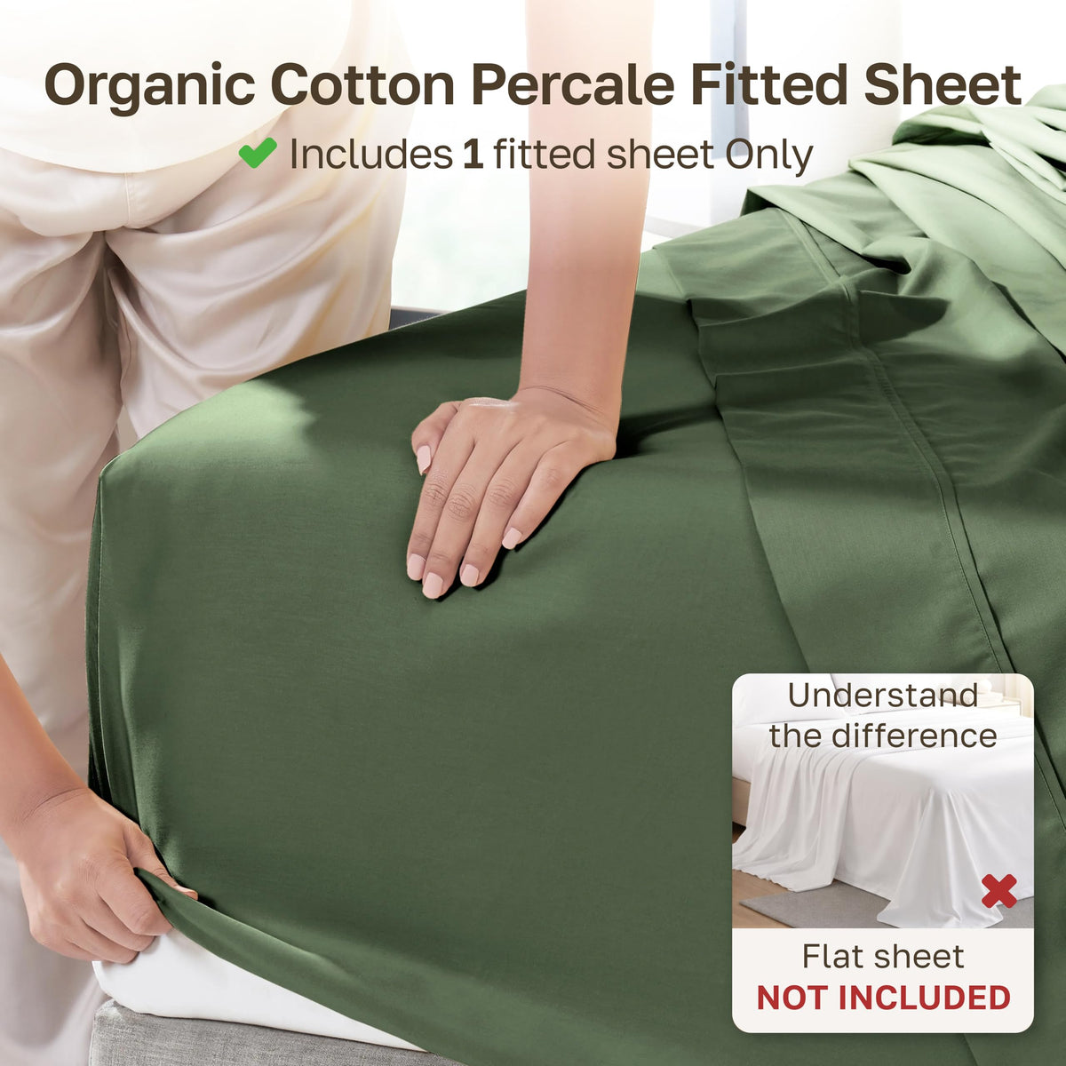 California Design Den organic cotton percale queen fitted sheet delivers crisp, breathable comfort.