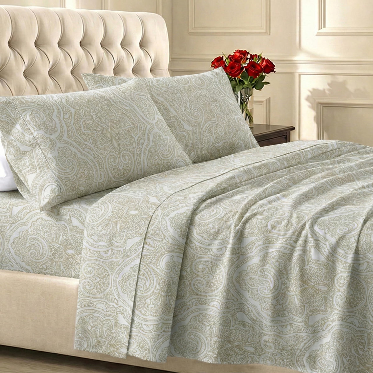 California Design Den paisley beige print queen sheets show classic style and breathable comfort