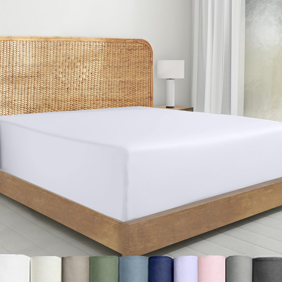 California Design Den percale fitted sheet in white with crisp matte finish for breathable comfort.