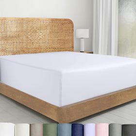 California Design Den percale fitted sheet in white with crisp matte finish for breathable comfort.