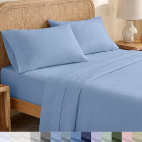 California Design Den percale queen sheets on bed offer crisp, breathable comfort for warm nights.