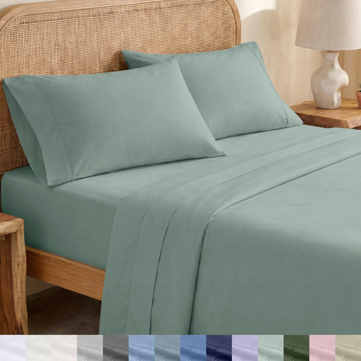 California Design Den Sage Green percale fabric close-up showing crisp, breathable texture.