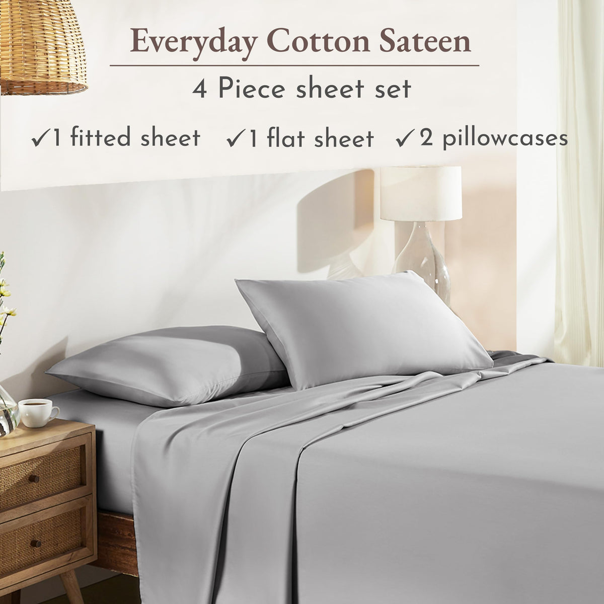 California Design Den pillowcase set in light-grey provides envelope closure and breathable cotton comfort
