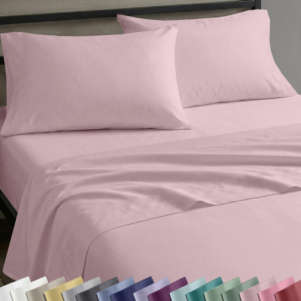 California Design Den pink sateen queen flat-top sheet offers smooth, breathable comfort.