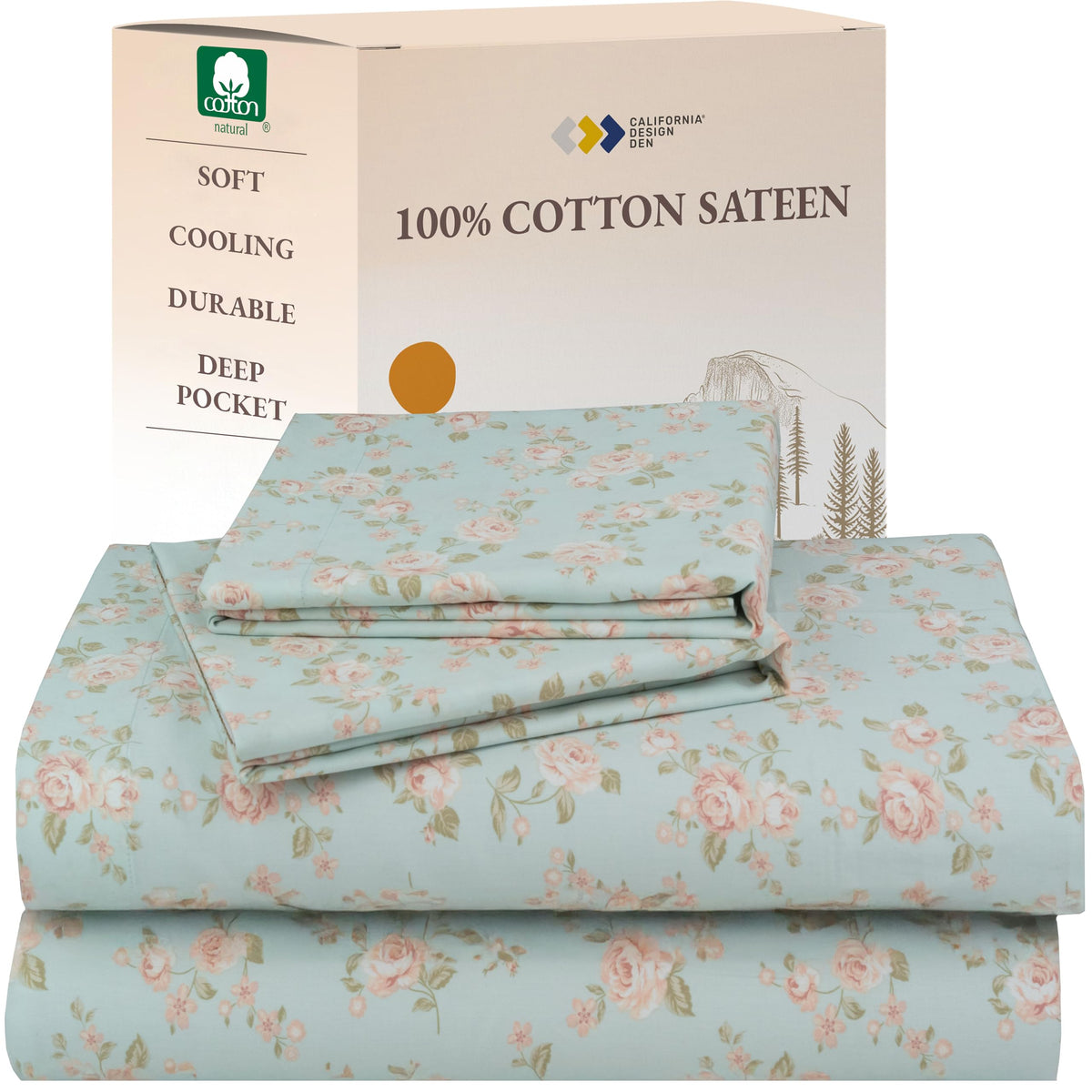California Design Den rose queen top sheet in sateen finish offers soft, breathable comfort.