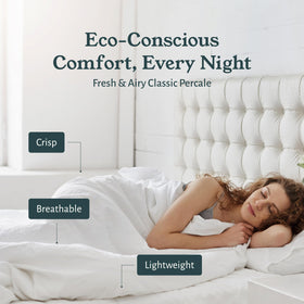 California Design Den queen bed with crisp percale sheets demonstrates lightweight warmth.