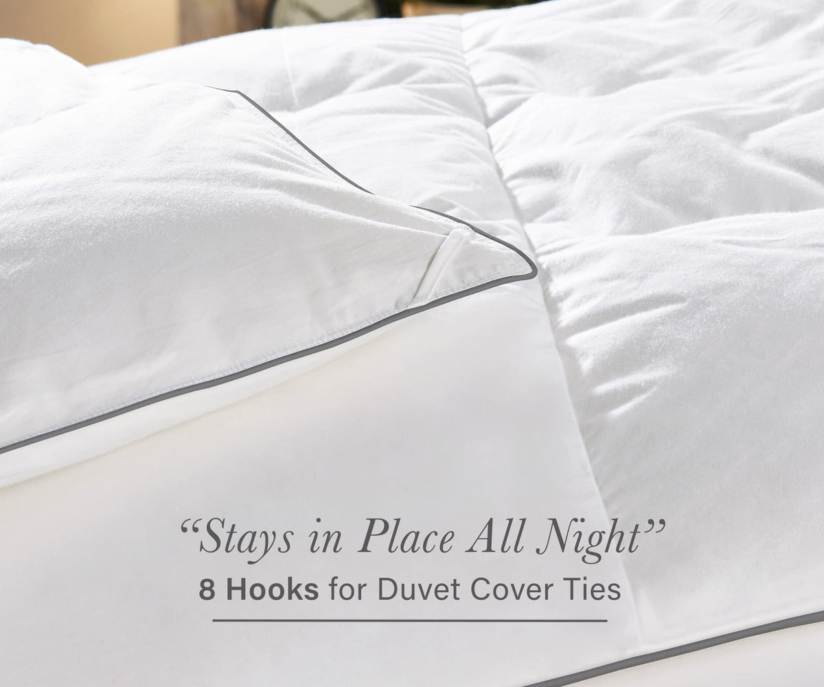 California Design Den all-season warmth scene showcases plush down-alternative comfort.