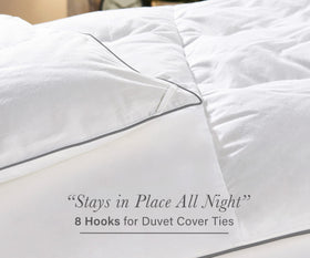 California Design Den all-season warmth scene showcases plush down-alternative comfort.