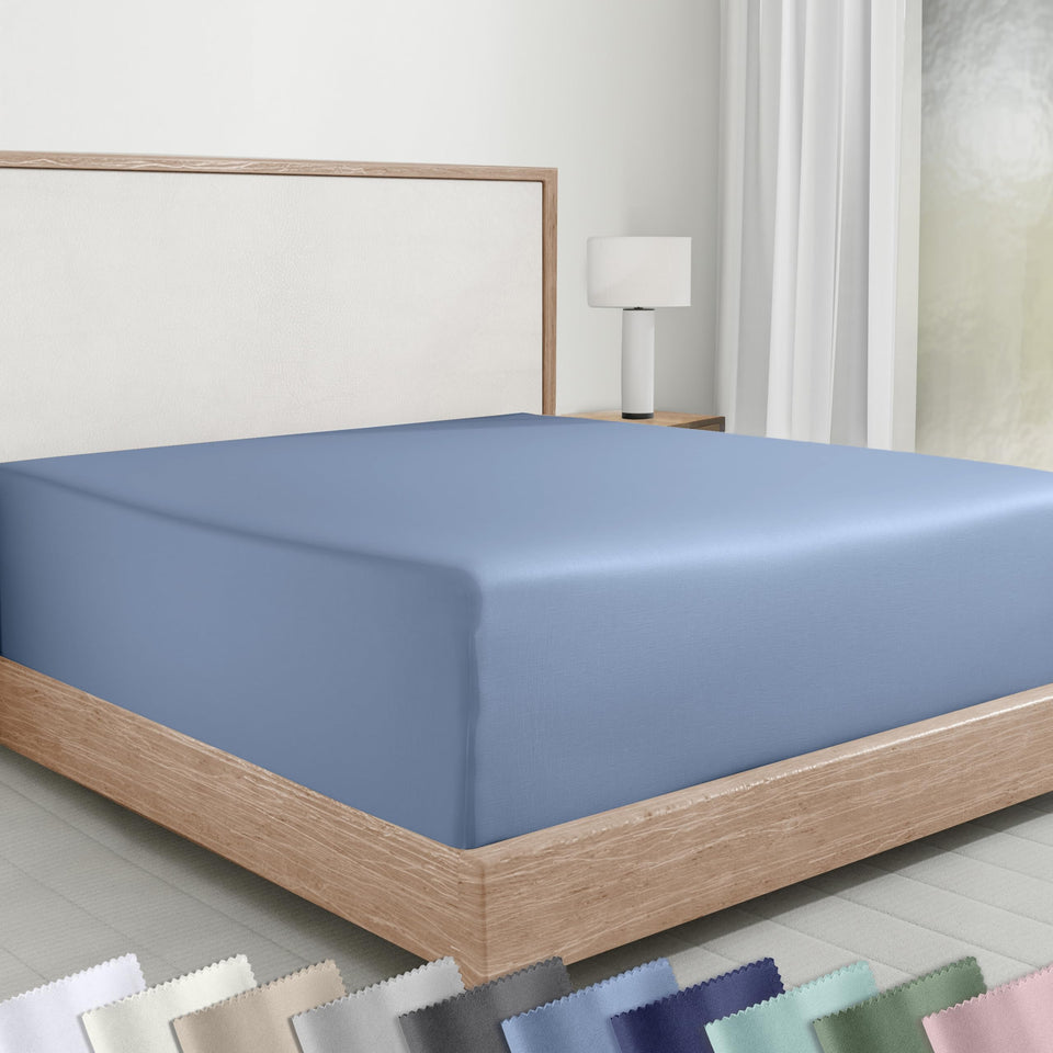 California Design Den queen fitted sheet Blue Hydrangea folded, showing soft cotton sateen finish